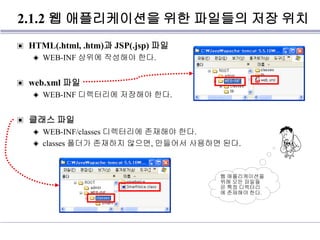2.1.2 웹 애플리케이션을 위한 파일들의 저장 위치
▣ HTML(.html, .htm)과 JSP(.jsp) 파일
◈ WEB-INF 상위에 작성해야 한다.
▣ web.xml 파일
◈ WEB-INF 디렉터리에 저장해야 한다.
▣ 클래스 파일
◈ WEB-INF/classes 디렉터리에 존재해야 한다.
◈ classes 폴더가 존재하지 않으면, 만들어서 사용하면 된다.
웹 애플리케이션을
위해 모든 파일들
은 특정 디렉터리
에 존재해야 한다.
 