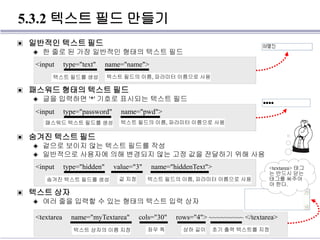 5.3.2 텍스트 필드 만들기
▣ 일반적인 텍스트 필드
◈ 한 줄로 된 가장 일반적인 형태의 텍스트 필드
▣ 패스워드 형태의 텍스트 필드
◈ 글을 입력하면 '*' 기호로 표시되는 텍스트 필드
▣ 숨겨진 텍스트 필드
◈ 겉으로 보이지 않는 텍스트 필드를 작성
◈ 일반적으로 사용자에 의해 변경되지 않는 고정 값을 전달하기 위해 사용
▣ 텍스트 상자
◈ 여러 줄을 입력할 수 있는 형태의 텍스트 입력 상자
<input type="text" name="name">
텍스트 필드를 생성 텍스트 필드의 이름, 파라미터 이름으로 사용
<input type="password" name="pwd">
패스워드 텍스트 필드를 생성 텍스트 필드의 이름, 파라미터 이름으로 사용
<input type="hidden" value="3" name="hiddenText">
숨겨진 텍스트 필드를 생성 텍스트 필드의 이름, 파라미터 이름으로 사용값 지정
<textarea name="myTextarea" cols="30" rows="4"> ~~~~~~~~~ </textarea>
텍스트 상자의 이름 지정 좌우 폭 상하 길이 초기 출력 텍스트를 지정
<textarea> 태그
는 반드시 닫는
태그를 써주어
야 한다.
 