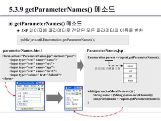 5.3.9 getParameterNames() 메소드
▣ getParameterNames() 메소드
◈ JSP 페이지에 파라미터로 전달된 모든 파라미터의 이름을 반환
public java.util.Enumeration getParameterNames();
<form action="ParameterNames.jsp" method="post">
<input type="text" name="name">
<input type="text" name="sex">
<input type="text" name="age">
<input type="text" name="birth">
<input type="submit" text="Submit">
</form>
parameterNames.html
Enumeration param = request.getParameterNames();
while(param.hasMoreElements()) {
String name = (String)param.nextElement();
out.println(name + request.getParameter(name));
}
ParameterNames.jsp
name
sex
age
birth
파라미터 이름을 저장
 