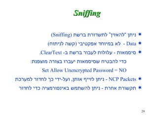 ניתן “להאזין” לתשדורת ברשת  (Sniffing) Data -  לא במיוחד אפקטיבי  ( קשה לניתוח ) סיסמאות  -  עלולות לעבור ברשת ב - ClearText. כדי להבטיח שסיסמאות יעברו בצורה מוצפנת : Set Allow Unencrypted Password = NO NCP Packets -  ניתן לזייף אותן ,  ועל - ידי כך לחדור למערכת תקשורת אחרת  -  ניתן להשתמש באינפורמציה כדי לחדור ל - Novell  (telnet,pop3  וכו’ ) Sniffing 