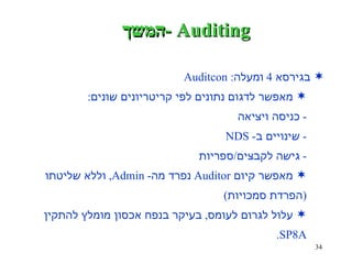 המשך  - Auditing בגירסא  4  ומעלה : Auditcon מאפשר לדגום נתונים לפי קריטריונים שונים : -  כניסה ויציאה -  שינויים ב - NDS -  גישה לקבצים / ספריות מאפשר קיום  Auditor  נפרד מה - Admin,  וללא שליטתו  ( הפרדת  סמכויות ) עלול לגרום לעומס ,  בעיקר בנפח אכסון מומלץ להתקין  SP8A. 
