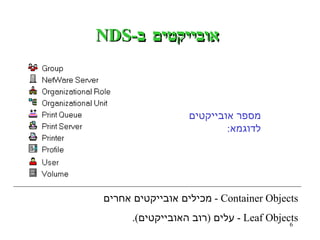 אובייקטים ב -NDS מספר אובייקטים לדוגמא : Container Objects -  מכילים אובייקטים אחרים Leaf Objects -  עלים  ( רוב האובייקטים ). 