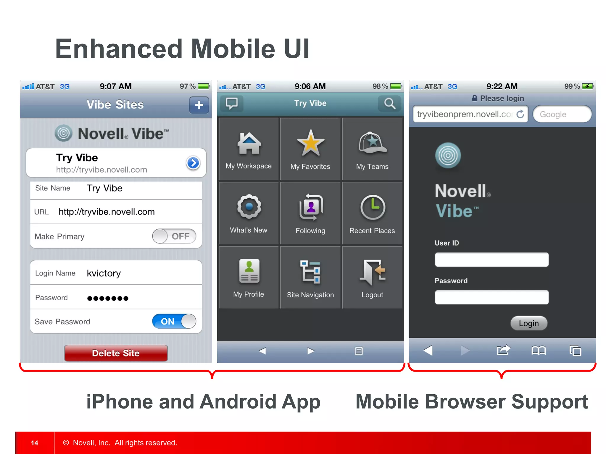 Enhanced Mobile UI




           iPhone and Android App          Mobile Browser Support
14   © Novell, Inc. All rights reserved.
 