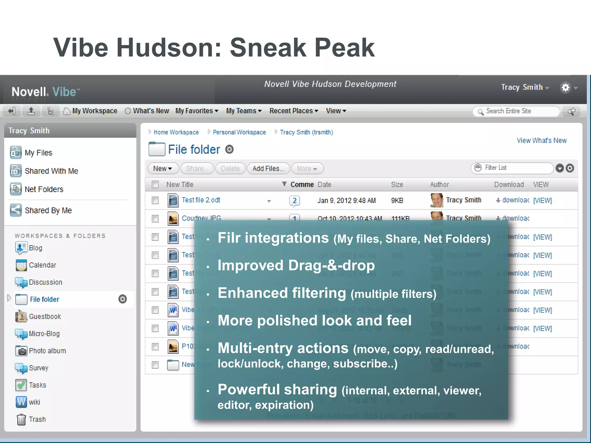 Vibe Hudson: Sneak Peak




                                           •   Filr integrations (My files, Share, Net Folders)
                                           •   Improved Drag-&-drop
                                           •   Enhanced filtering (multiple filters)
                                           •   More polished look and feel
                                           •   Multi-entry actions (move, copy, read/unread,
                                               lock/unlock, change, subscribe..)

                                           •   Powerful sharing (internal, external, viewer,
                                               editor, expiration)

17   © Novell, Inc. All rights reserved.
 
