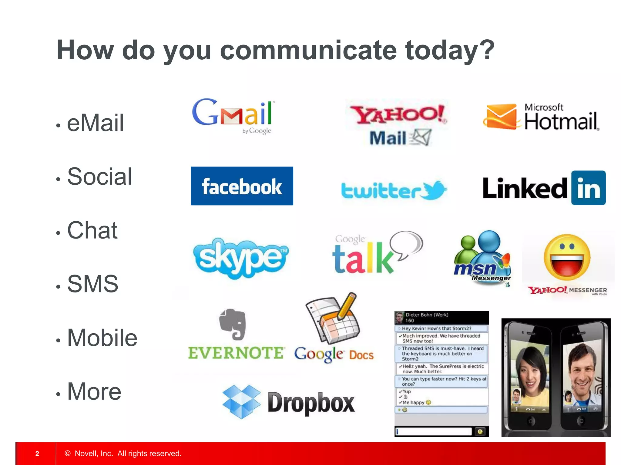 How do you communicate today?

    •   eMail

    •   Social

    •   Chat

    •   SMS

    •   Mobile

    •   More

2       © Novell, Inc. All rights reserved.
 