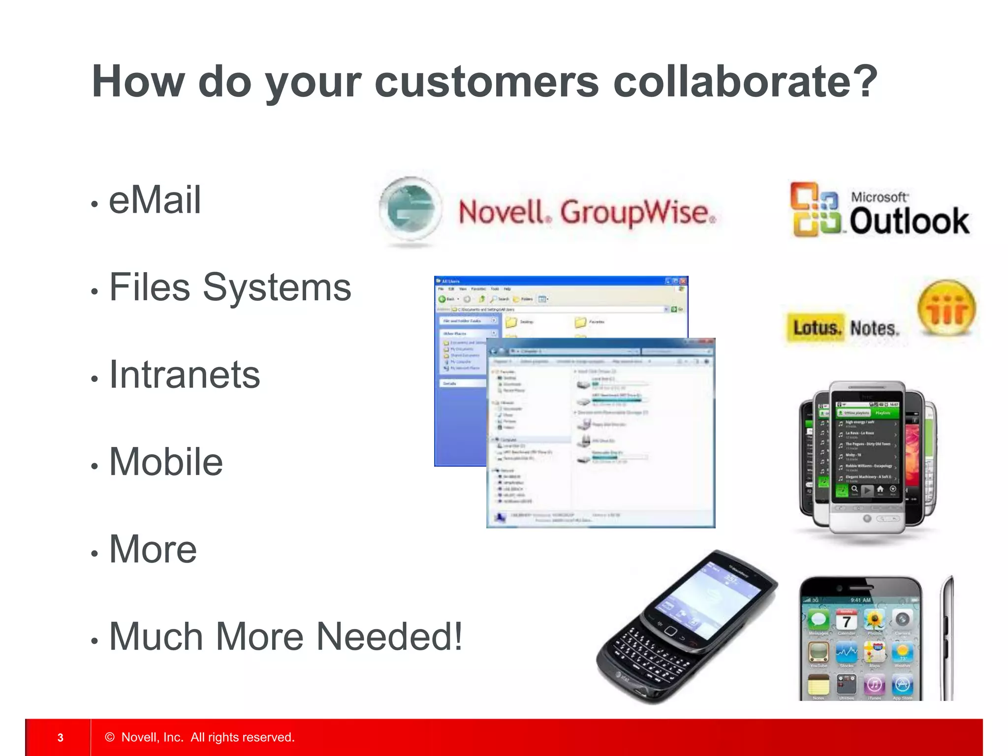 How do your customers collaborate?

    •   eMail

    •   Files Systems

    •   Intranets

    •   Mobile

    •   More

    •   Much More Needed!

3       © Novell, Inc. All rights reserved.
 