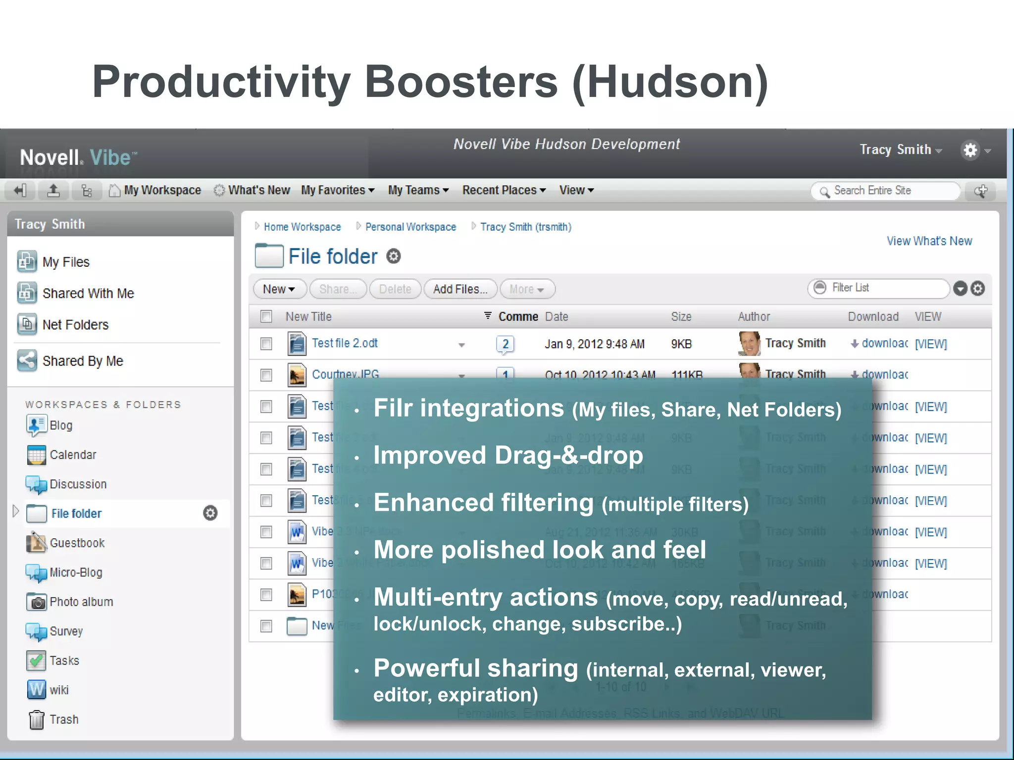Productivity Boosters (Hudson)




                                           •   Filr integrations (My files, Share, Net Folders)
                                           •   Improved Drag-&-drop
                                           •   Enhanced filtering (multiple filters)
                                           •   More polished look and feel
                                           •   Multi-entry actions (move, copy, read/unread,
                                               lock/unlock, change, subscribe..)

                                           •   Powerful sharing (internal, external, viewer,
                                               editor, expiration)

19   © Novell, Inc. All rights reserved.
 