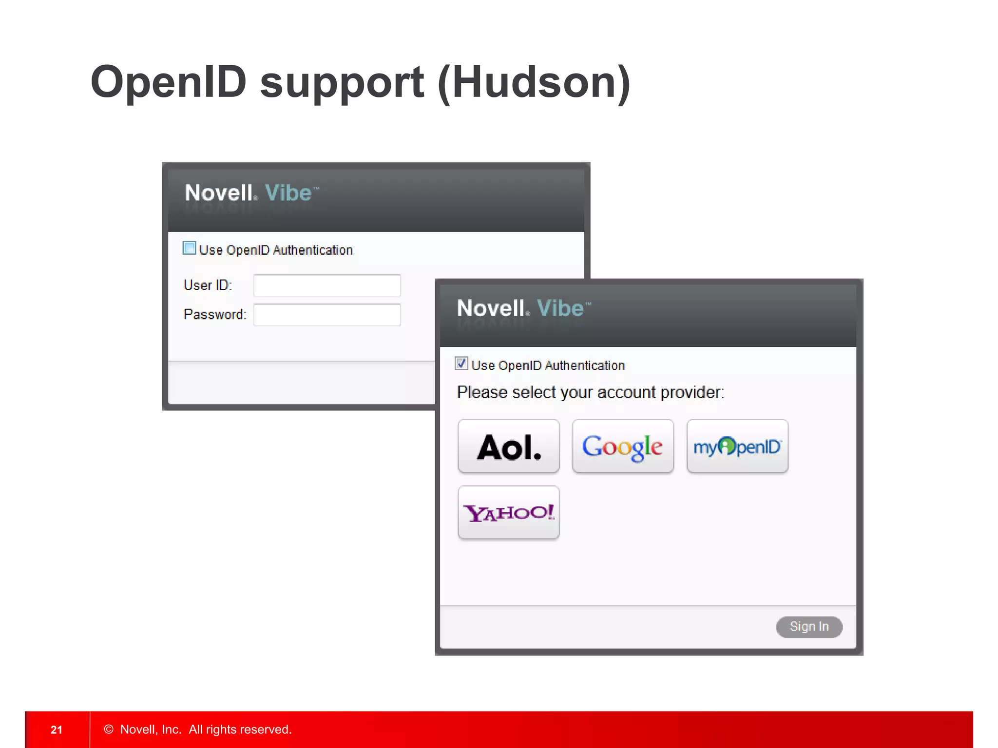 OpenID support (Hudson)




21   © Novell, Inc. All rights reserved.
 