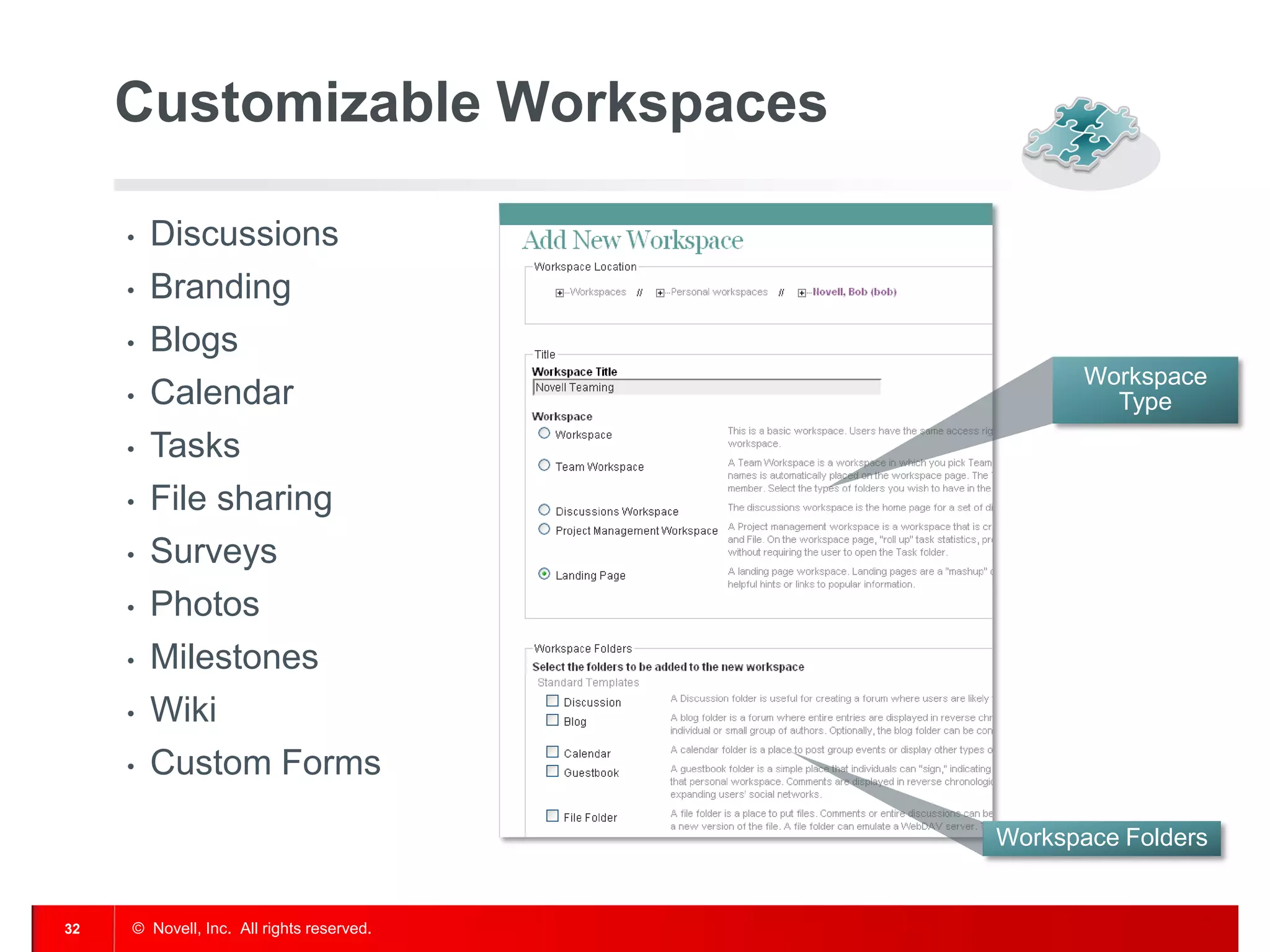 Customizable Workspaces

     •   Discussions
     •   Branding
     •   Blogs
                                                  Workspace
     •   Calendar                                   Type
     •   Tasks
     •   File sharing
     •   Surveys
     •   Photos
     •   Milestones
     •   Wiki
     •   Custom Forms

                                           Workspace Folders


32   © Novell, Inc. All rights reserved.
 