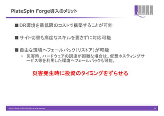 PlateSpin Forge導入のメリット


       ■ DR環境を最低限のコストで構築することが可能

       ■ サイト切替も高度なスキルを要さずに対応可能

       ■ 自由な環境へフェールバック（リストア）が可能
               • 災害時、ハードウェアの調達が困難な場合は、仮想ホスティングサ
                 ービス等を利用した環境へフェールバックも可能。


                             災害発生時に投資のタイミングをずらせる




© 2010 QUNIE CORPORATION. All rights reserved.     28
 