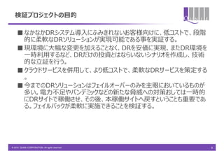 検証プロジェクトの目的

    ■ なかなかDRシステム導入にふみきれないお客様向けに、低コストで、段階
      的に柔軟なDRソリューションが実現可能である事を実証する。
    ■ 現環境に大幅な変更を加えることなく、DRを安価に実現、またDR環境を
      一時利用するなど、DRだけの投資とはならいないシナリオを作成し、技術
      的な立証を行う。
    ■ クラウドサービスを併用して、より低コストで、柔軟なDRサービスを策定する
      。
    ■ 今までのDRソリューションはフェイルオーバーのみを主眼においているものが
      多い。電力不足やパンデミックなどの新たな脅威への対策おしては一時的
      にDRサイトで稼働させ、その後、本稼働サイトへ戻すということも重要であ
      る。フェイルバックが柔軟に実施できることを検証する。




© 2010 QUNIE CORPORATION. All rights reserved.   6
 