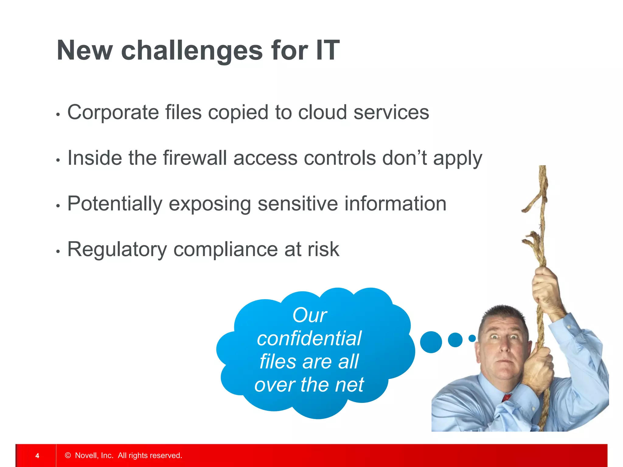 New challenges for IT

    •   Corporate files copied to cloud services

    •   Inside the firewall access controls don’t apply

    •   Potentially exposing sensitive information

    •   Regulatory compliance at risk


                                                   Our
                                              confidential
                                              files are all
                                              over the net


4       © Novell, Inc. All rights reserved.
 