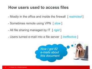 How users used to access files

    •   Mostly in the office and inside the firewall [ restricted ]

    •   Sometimes rem...