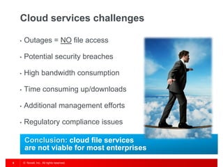 Cloud services challenges

    •   Outages = NO file access

    •   Potential security breaches

    •   High bandwidth c...
