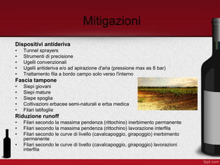 Mitigazioni
Dispositivi antideriva
• Tunnel sprayers
• Strumenti di precisione
• Ugelli convenzionali
• Ugelli antideriva e/o ad apirazione d'aria (pressione max es 8 bar)
• Trattamento fila a bordo campo solo verso l'interno
Fascia tampone
• Siepi giovani
• Siepi mature
• Siepe spoglia
• Coltivazioni erbacee semi-naturali e erba medica
• Filari latifoglie
Riduzione runoff
• Filari secondo la massima pendenza (rittochino) inerbimento permanente
• Filari secondo la massima pendenza (rittochino) lavorazione interfila
• Filari secondo le curve di livello (cavalcapoggio, girapoggio) inerbimento
permanente
• Filari secondo le curve di livello (cavalcapoggio, girapoggio) lavorazioni
interfila
 