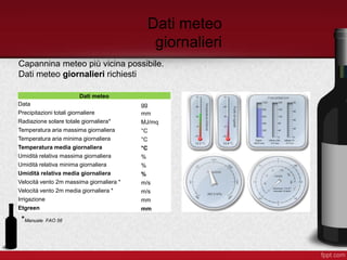 Dati meteo
giornalieri
Dati meteo
Data gg
Precipitazioni totali giornaliere mm
Radiazione solare totale giornaliera* MJ/mq
Temperatura aria massima giornaliera °C
Temperatura aria minima giornaliera °C
Temperatura media giornaliera °C
Umidità relativa massima giornaliera %
Umidità relativa minima giornaliera %
Umidità relativa media giornaliera %
Velocità vento 2m massima giornaliera * m/s
Velocità vento 2m media giornaliera * m/s
Irrigazione mm
Etgreen mm
Capannina meteo più vicina possibile.
Dati meteo giornalieri richiesti
*Manuale FAO 56
 