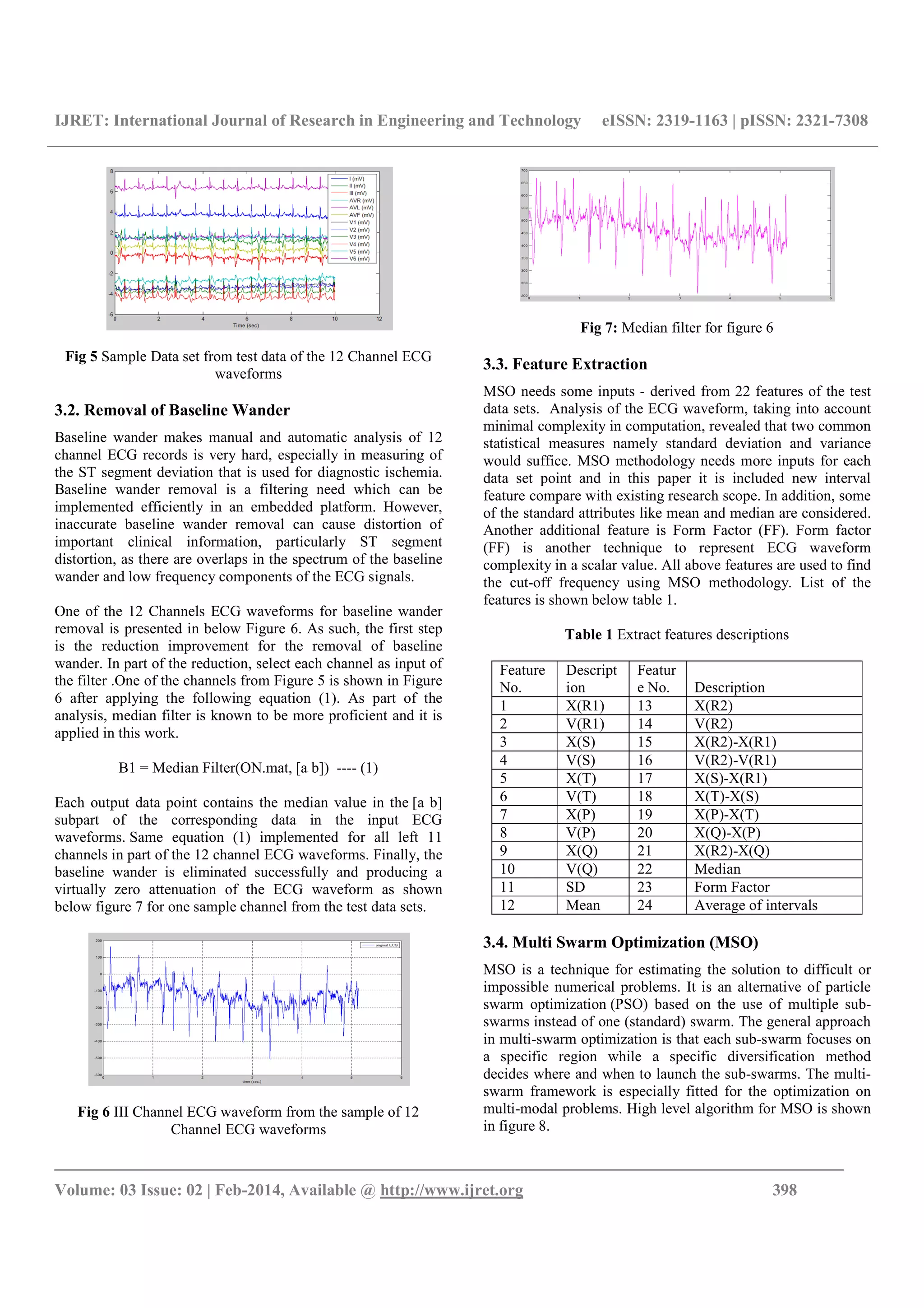 IJRET: International Journal of Research in Engineering and Technology eISSN: 2319-1163 | pISSN: 2321-7308
_______________________________________________________________________________________
Volume: 03 Issue: 02 | Feb-2014, Available @ http://www.ijret.org 398
Fig 5 Sample Data set from test data of the 12 Channel ECG
waveforms
3.2. Removal of Baseline Wander
Baseline wander makes manual and automatic analysis of 12
channel ECG records is very hard, especially in measuring of
the ST segment deviation that is used for diagnostic ischemia.
Baseline wander removal is a filtering need which can be
implemented efficiently in an embedded platform. However,
inaccurate baseline wander removal can cause distortion of
important clinical information, particularly ST segment
distortion, as there are overlaps in the spectrum of the baseline
wander and low frequency components of the ECG signals.
One of the 12 Channels ECG waveforms for baseline wander
removal is presented in below Figure 6. As such, the first step
is the reduction improvement for the removal of baseline
wander. In part of the reduction, select each channel as input of
the filter .One of the channels from Figure 5 is shown in Figure
6 after applying the following equation (1). As part of the
analysis, median filter is known to be more proficient and it is
applied in this work.
B1 = Median Filter(ON.mat, [a b]) ---- (1)
Each output data point contains the median value in the [a b]
subpart of the corresponding data in the input ECG
waveforms. Same equation (1) implemented for all left 11
channels in part of the 12 channel ECG waveforms. Finally, the
baseline wander is eliminated successfully and producing a
virtually zero attenuation of the ECG waveform as shown
below figure 7 for one sample channel from the test data sets.
Fig 6 III Channel ECG waveform from the sample of 12
Channel ECG waveforms
Fig 7: Median filter for figure 6
3.3. Feature Extraction
MSO needs some inputs - derived from 22 features of the test
data sets. Analysis of the ECG waveform, taking into account
minimal complexity in computation, revealed that two common
statistical measures namely standard deviation and variance
would suffice. MSO methodology needs more inputs for each
data set point and in this paper it is included new interval
feature compare with existing research scope. In addition, some
of the standard attributes like mean and median are considered.
Another additional feature is Form Factor (FF). Form factor
(FF) is another technique to represent ECG waveform
complexity in a scalar value. All above features are used to find
the cut-off frequency using MSO methodology. List of the
features is shown below table 1.
Table 1 Extract features descriptions
Feature
No.
Descript
ion
Featur
e No. Description
1 X(R1) 13 X(R2)
2 V(R1) 14 V(R2)
3 X(S) 15 X(R2)-X(R1)
4 V(S) 16 V(R2)-V(R1)
5 X(T) 17 X(S)-X(R1)
6 V(T) 18 X(T)-X(S)
7 X(P) 19 X(P)-X(T)
8 V(P) 20 X(Q)-X(P)
9 X(Q) 21 X(R2)-X(Q)
10 V(Q) 22 Median
11 SD 23 Form Factor
12 Mean 24 Average of intervals
3.4. Multi Swarm Optimization (MSO)
MSO is a technique for estimating the solution to difficult or
impossible numerical problems. It is an alternative of particle
swarm optimization (PSO) based on the use of multiple sub-
swarms instead of one (standard) swarm. The general approach
in multi-swarm optimization is that each sub-swarm focuses on
a specific region while a specific diversification method
decides where and when to launch the sub-swarms. The multi-
swarm framework is especially fitted for the optimization on
multi-modal problems. High level algorithm for MSO is shown
in figure 8.
 