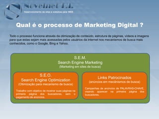 Qual é o processo de Marketing Digital ?
Todo o processo funciona através da otimização de conteúdo, estrutura de páginas, vídeos e imagens
para que estas sejam mais acessadas pelos usuários da internet nos mecanismos de busca mais
conhecidos, como o Google, Bing e Yahoo.



                                             S.E.M.
                                     Search Engine Marketing
                                       (Marketing em sites de busca)

                 S.E.O.
                                                                 Links Patrocinados
        Search Engine Optimization                         (anúncios em mecânismos de busca)
      (Otimização para mecanismo de busca)
                                                        Campanhas de anúncios de PALAVRAS-CHAVE,
    Trabalho com objetivo de mostrar suas páginas na    visando aparecer na primeira página dos
    primeira página dos buscadores, sem o               buscadores.
    pagamento de anúncios.
 