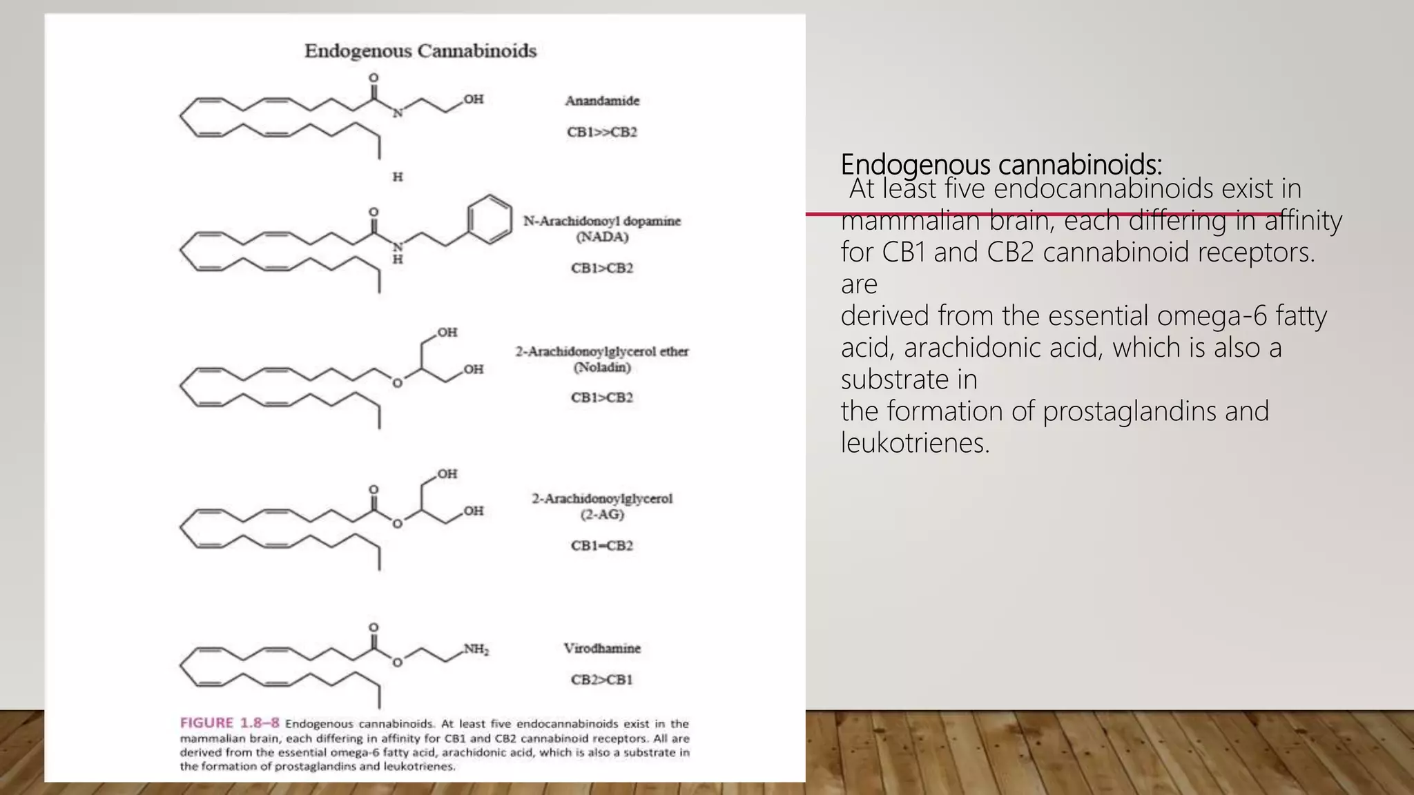 Endogenous cannabinoids:
At least five endocannabinoids exist in
mammalian brain, each differing in affinity
for CB1 and CB2 cannabinoid receptors.
are
derived from the essential omega-6 fatty
acid, arachidonic acid, which is also a
substrate in
the formation of prostaglandins and
leukotrienes.
 