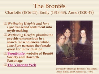 The Brontës
Charlotte (1816-55), Emily (1818-48), Anne (1820-49)
Wuthering Heights and Jane
Eyre transcend sentiment into
myth-making
Wuthering Heights plumbs the
psychic unconscious in a
search for wholeness, while
Jane Eyre narrates the female
quest for individuation
Brontë.info: website of Brontë
Society and Haworth
Parsonage
The Victorian Web
portrait by Branwell Brontë of his sisters,
Anne, Emily, and Charlotte (c. 1834)
 