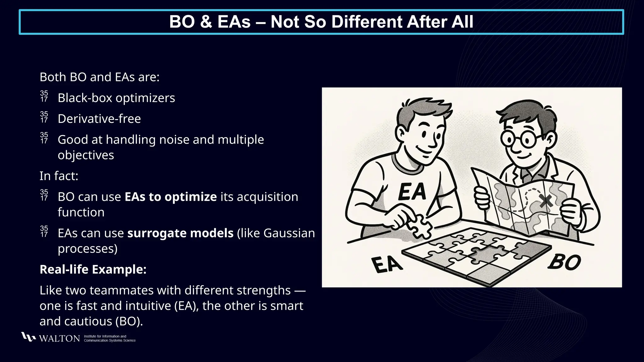 BO & EAs – Not So Different After All
Both BO and EAs are:
 Black-box optimizers
 Derivative-free
 Good at handling noise and multiple
objectives
In fact:
 BO can use EAs to optimize its acquisition
function
 EAs can use surrogate models (like Gaussian
processes)
Real-life Example:
Like two teammates with different strengths —
one is fast and intuitive (EA), the other is smart
and cautious (BO).
 