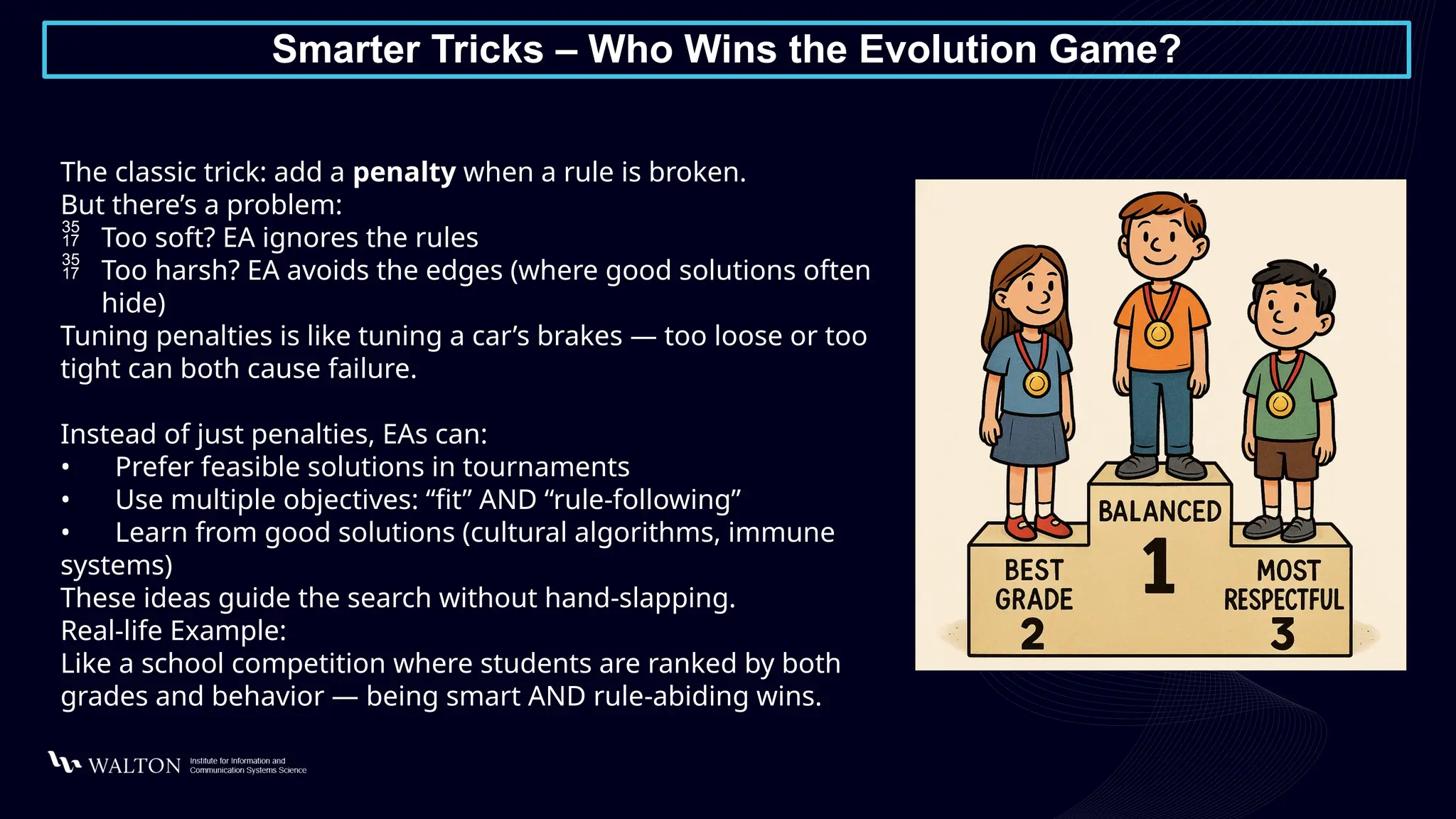 Smarter Tricks – Who Wins the Evolution Game?
The classic trick: add a penalty when a rule is broken.
But there’s a problem:
 Too soft? EA ignores the rules
 Too harsh? EA avoids the edges (where good solutions often
hide)
Tuning penalties is like tuning a car’s brakes — too loose or too
tight can both cause failure.
Instead of just penalties, EAs can:
• Prefer feasible solutions in tournaments
• Use multiple objectives: “fit” AND “rule-following”
• Learn from good solutions (cultural algorithms, immune
systems)
These ideas guide the search without hand-slapping.
Real-life Example:
Like a school competition where students are ranked by both
grades and behavior — being smart AND rule-abiding wins.
 