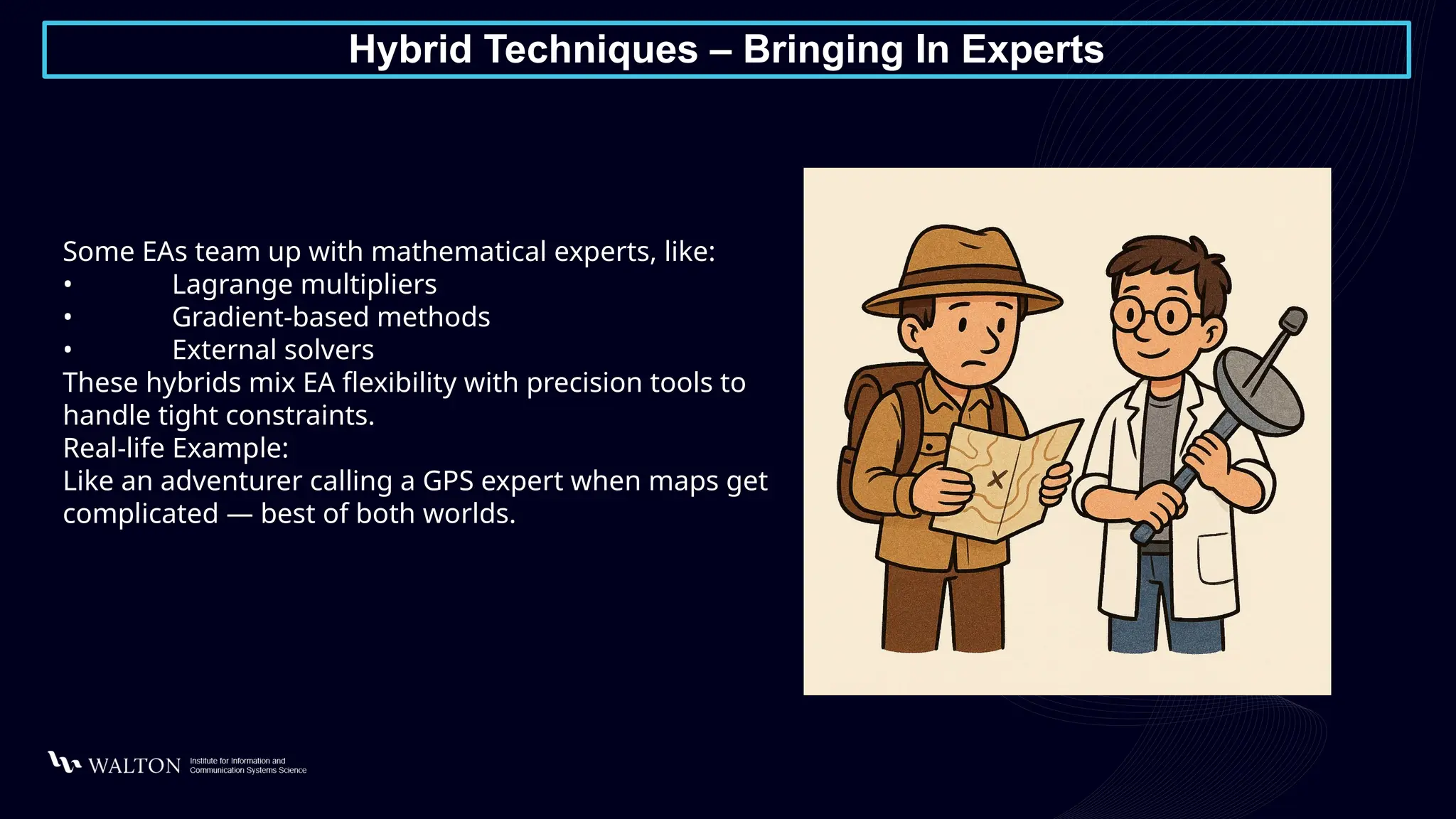 Hybrid Techniques – Bringing In Experts
Some EAs team up with mathematical experts, like:
• Lagrange multipliers
• Gradient-based methods
• External solvers
These hybrids mix EA flexibility with precision tools to
handle tight constraints.
Real-life Example:
Like an adventurer calling a GPS expert when maps get
complicated — best of both worlds.
 