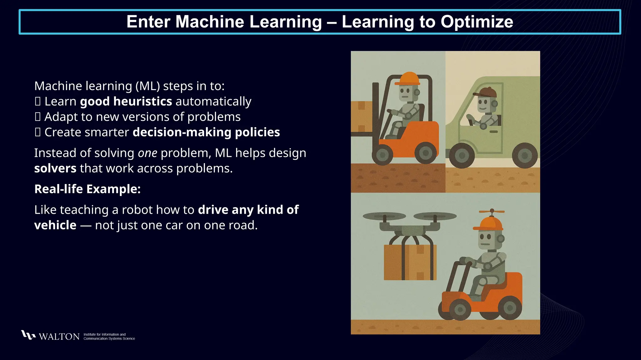 Enter Machine Learning – Learning to Optimize
Machine learning (ML) steps in to:
✅ Learn good heuristics automatically
✅ Adapt to new versions of problems
✅ Create smarter decision-making policies
Instead of solving one problem, ML helps design
solvers that work across problems.
Real-life Example:
Like teaching a robot how to drive any kind of
vehicle — not just one car on one road.
 