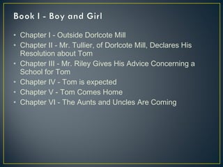 • Chapter I - Outside Dorlcote Mill
• Chapter II - Mr. Tullier, of Dorlcote Mill, Declares His
Resolution about Tom
• Chapter III - Mr. Riley Gives His Advice Concerning a
School for Tom
• Chapter IV - Tom is expected
• Chapter V - Tom Comes Home
• Chapter VI - The Aunts and Uncles Are Coming
 