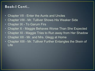 • Chapter VII - Enter the Aunts and Uncles
• Chapter VIII - Mr. Tulliver Shows His Weaker Side
• Chapter IX - To Garum Firs
• Chapter X - Maggie Behaves Worse Than She Expected
• Chapter XI - Maggie Tries to Run away from Her Shadow
• Chapter XII - Mr. and Mrs. Glegg at Home
• Chapter XIII - Mr. Tulliver Further Entangles the Skein of
Life
 