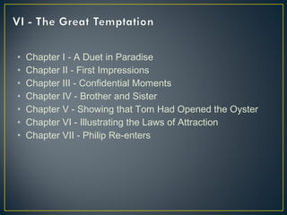 • Chapter I - A Duet in Paradise
• Chapter II - First Impressions
• Chapter III - Confidential Moments
• Chapter IV - Brother and Sister
• Chapter V - Showing that Tom Had Opened the Oyster
• Chapter VI - Illustrating the Laws of Attraction
• Chapter VII - Philip Re-enters
 