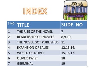S.NO
TITLE SLIDE. NO
1 THE RISE OF THE NOVEL 7
2 READERSHIPFOR NOVELS 8,9,10.
3 THE NOVEL GOT PUBLISHED 11
4 EXPANSION OF SALES 12,13,14.
5 WORLD OF NOVEL 15,16,17.
6 OLIVER TWIST 18
7 GERMINAL 19
4
 