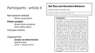 Participants - article 4
Recruitment method
Online survey panel
Power analysis
Monte Carlo simulation
Given alpha, power
Inclusion criteria
Important for
Sample size determination
Selection bias
Online = without control
10
 