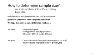 How to determine sample size?
reminder of classical hypothesis testing
basic idea
no information about population, but only about sample
generalize (inference) from sample to population
We hope that there is some difference, relation, …
We have sample descriptive
null hypothesis about population
H0 usually diff = 0, can be different
We want Come our sample from population where is H0 true?
decision based on probabilities => p-value, sig
11
 