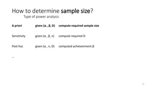 A priori given (α , β, D) compute required sample size
Sensitivity given (α , β, n) compute required D
Post hoc given (α , n, D) computed achievenment β
…
How to determine sample size?
Type of power analysis
18
 