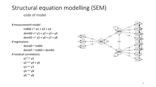 # measurement model
ind60 =~ x1 + x2 + x3
dem60 =~ y1 + y2 + y3 + y4
dem65 =~ y5 + y6 + y7 + y8
# regressions
dem60 ~ ind60
dem65 ~ ind60 + dem60
# residual correlations
y1 ~~ y5
y2 ~~ y4 + y6
y3 ~~ y7
y4 ~~ y8
y6 ~~ y8
Structural equation modelling (SEM)
code of model
36
 