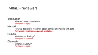 Introduction
Why we create our reseach
Reviewer – topic
Method
How we design our research, obtain sample and handle with data
Reviewer – methodology and statistics
Results
What are our findings?
Reviewer – statistics
Discussion
Where it is useful?
Reviewer – topic
5
IMRaD - reviewers
 