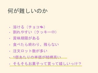 何が難しいのか
• 溶ける（チョコ🍫）
• 割れやすい（クッキー🍪）
• 賞味期限がある
• 食べたら終わり、残らない
• 注文ロット数が多い
• 1個あたりの単価が結構高い
• そもそもお菓子って貰って嬉しいっけ？
 