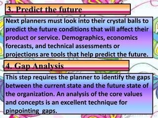 Next planners must look into their crystal balls to
predict the future conditions that will affect their
product or service. Demographics, economics
forecasts, and technical assessments or
projections are tools that help predict the future.
3. Predict the future
4. Gap Analysis
This step requires the planner to identify the gaps
between the current state and the future state of
the organization. An analysis of the core values
and concepts is an excellent technique for
pinpointing gaps.
 
