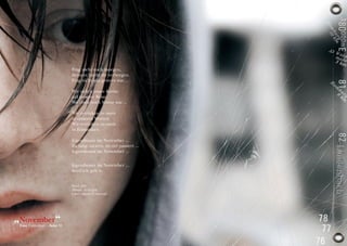 Frag nicht nach morgen,
                              denn er bleibt dir verborgen.
                              Frag nicht was gestern war ...

                              Wir zieh‘n unsre Kreise
                              auf unserer Reise.
                              Wo eben noch Sonne war ...

                              Wir ertrinken zu zweit
                              in unseren Worten.
                              Wir ertrinken zu zweit
                              in Einsamkeit.

                              Irgendwann im November ...
                              Zu lang, zu weit, zu viel passiert ...
                              Irgendwann im November ...
                                                  ...
                              Irgendwann im November ...
                              werd ich geh‘n.


                              Band: Juli
                              Album: Es ist Juli
                              Label: Island (Universal)




„November“
 Foto Tablediver – Seite 30
 