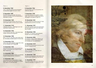 Positiv (+)                                         Negativ (-)

8. November 1960                                    8. November 1966
John F. Kennedy gewinnt die US-Präsident-           Ronald Reagan wird zum Gouverneur von
schaftswahlen gegen Richard M. Nixon.               Kalifornien gewählt.

9. November 1989                                    9. November 1938
Die DDR-Führung beschließt, die Grenze              In der Reichskristallnacht greifen in weiten
zwischen der DDR und der Bundesrepublik in          Teilen Deutschlands Schlägertrupps der SA
West-Berlin zu öffnen.                              Synagogen und jüdische Läden an.

10. November 1969                                   10. November 1821
Premiere der Sesamstrasse in den USA und            Tod des russischen Dichters Fjodor M. Dosto-
damit erster Auftritt von Kermit, Ernie und Bert.   jewski (Schuld und Sühne, Der Idiot).

11. November 1918                                   11. November 1997
Offizielles Ende des 1. Weltkrieges durch die       Nach dem Elchtest stoppt die Daimler-Benz
Kapitulation Deutschlands.                          AG die Auslieferung der neuen Mercedes-
                                                    Benz A-Klasse.
12. November 1936
In San Francisco wird die 2,7 Kilometer lange       12. November 1955
Golden-Gate-Brücke eingeweiht.                      Die ersten 101 Soldaten der Bundeswehr
                                                    erhalten ihre Ernennungsurkunde.
13. November 1955
Beim „6 aus 49“-Lotto gibt es den ersten Sech-      13. November 2002
ser: Drei Spieler erhalten jeweils 59.492,00 DM.    Der Öltanker Prestige gerät in Seenot und
                                                    verunreinigt mit seiner Ladung die Küsten
                                                    von Nordspanien und Südfrankreich.
14. November 1974
Geburt des Grafik-Designers Jürgen Bohl, Initia-
tor und Gestalter vom magazinXY.                    14. November 1519
                                                    Der Aztekenkönig Montezuma wird von den
                                                    Spaniern festgenommen.
15. November 1923
Die Einführung der Rentenmark beendet die
Inflation: Eine Rentenmark entspricht einer         15. November 1994
Billion Papiermark.                                 Helmut Kohl wird zum fünften Mal zum
                                                    Kanzler gewählt.
16. November 1802
Der deutsche Dramatiker, Dichter und Historiker     16. November 1960
Friedrich Schiller erhält sein Adelsdiplom.         Tod des US-Schauspielers Clark Gable (Vom
                                                    Winde verweht, Meuterei auf der Bounty).
17. November 1869
Der Suezkanal wird für die Schifffahrt freige-      17. November 1997
geben und verkürzt den Seeweg von Europa            58 Touristen sterben bei einem Attentat isla-
nach Asien um 8.300 Kilometer.                      mistischer Terroristen im ägyptischen Luxor.


                                                                                                    45
 