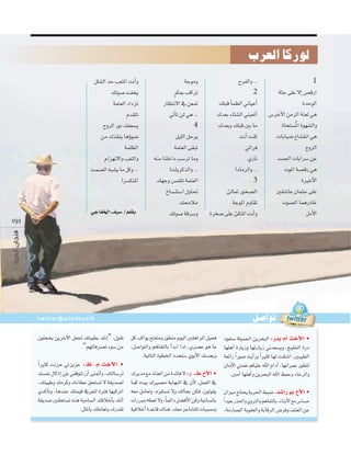 ‫لوركا العرب‬
π∏°ûdG óM Ö©àŸG âfCGh
∂Jƒ°U âØîj
áªà©dG OGOõJ
Ωó≤àJ
ìhôdG Qƒf ∂Ø©°ùj
øe ∑ò≤æj ÉgDhƒ°V
áª∏¶dG
ΩGõ¡f’Gh Ö©àdGh
âª°üdG ¬Ñ°ûj Ée πch ..
!ô°ùµæŸG

19 1

»LÉØÿG ∞«°S /º∏≤H

áLƒeh
môµÃ ÖbGôJ
QÉ¶àf’G ‘ ø©“
»JCÉJ ød »g ..
4
π«∏dG πMôj
áªà©dG ≈≤ÑJ
¬æe Éæ∏NGO Ö°SôJ Éeh
!äÉjôcòdGh ..
∂¡Lh ¢ùª∏àJ áªà©dG
ñÉ°ùæà°SG ∫hÉ–
∂ﬁÓe
∂Jƒ°U ábô°Sh

ìôØdGh ..
2
∂∏Ñb CÉª¶dG ÊÉ«YCG
∑ó©H AÉà°ûdG »æÑ©JCG
∑ó©Hh ∂∏Ñb ÚH Ée
âfCG âæc
»JGôa
…QÉf
!OÉeôdGh ..
3
ÅdÉ“ Qƒî°üdG
áLƒŸG ΩhÉ≤J
Iôî°U ≈∏Y ÅµàŸG âfCGh

twitter@aliashuaib

¿ƒ∏éîj øjôNB’G π©Œ ∂àÑ«£H ∂fEG” :∫ƒ≤J πc ÖcGƒj íàØàeh Qƒ£àe Ωƒ«dG Ú≤gGôŸG π«éa
.“º¡JÉaô°üJ Aƒ°S øe ,π°UGƒàdGh ºgÉØàdÉH CGóHG Gòd ,…ô°üY ƒg Ée
.á«dÉàdG Iƒ£ÿG Oóëà°S …ƒHC’G ∂°ùëHh
Gk Òãc âfõM »JõjõY :® .Ω âNC’G •
∂°ùØf ∫’PEG øY »ØbƒàJ ¿CG ≈æ“CGh ,∂àdÉ°Sôd ∑ôjóe ™e OÉæ©dG øe IóFÉa ’ :‫• الأخ ط. ر‬
,∂àÑ«Wh ∂eôch ∑AÉ£Y ≥ëà°ùJ ’ á≤jó°üd Éªc √ó«H ∑Ò°üe ájÉ¡ædG ‘ ¿C’ ,πª©dG ‘
…ócCÉJh ,ÉgóæY ∂àª«b ‘ô©àd IÎa É¡«côJG ¬©e πeÉ©Jh ,√õØà°ùJ ’h ∂dÉëH øµa ,¿ƒdƒ≤j
á≤jó°U Ú≤ëà°ùJ √òg á«eÉ°ùdG ∂bÓNCÉH ∂fCG äGQÈe ¬£©J ’h ,Ék ªFGO π°†aC’G øch á«fÉ°ùfÉH
.πãŸÉH ∂∏eÉ©Jh ∑Qó≤J á«bÓNCG IóYÉb ∑Éæg ,∂©e ôLÉ°ûà∏d äÉÑÑ°ùeh

1
áãL ≈∏Y ’EG ¢übQG
IóMpƒdG
¢SôNC’G øeõdG áæ©d »g
IÉëà°ùoŸG Iƒ¡°ûdGh
äÉHÉÑ°V ´É°û≤fG »g
ìhôdG
ó°ù÷G äÉHGô°S øY
äƒŸG á°übQ »g
IÒNC’G
Ú≤°TÉY ¿ÉªãL ≈∏Y
äƒ°üdG ÉªgQOÉZ
πeC’G

‫توا�صل‬
Oƒ©à°S á∏«ª÷G øjôëÑdG :QóH ΩCG âNC’G •
É¡∏gCG IQÉjRh É¡JQÉjR Êó©°ùjh ,è«∏ÿG IQO
á©FGQ Gk Qƒ°U âjCGQh Gk Òãc É¡d â≤à°TG ,ÚÑ«£dG
¿ÉeC’G »àª©f ºµ«∏Y ˆG ΩGOCG ,É¡fGôªY Qƒ£àd
.ÚeBG É¡∏gCGh øjôëÑdG ˆG ßØMh AÉNôdGh
¿Gõ«e êÉàëj ájô◊G §Ñ°V ،‫• الأخ بو را�شد‬
Gk ó«©H Qò◊Gh …hÎdGh ºgÉØàdÉH ,AÉæHC’G ™e ¢SÉ°ùM
,áeQÉ°üdG áHƒ≤©dGh áHÉbôdG ¢Vôah ∞æ©dG øY

 