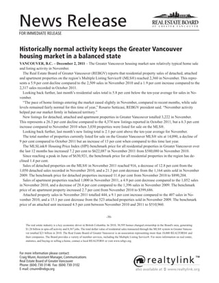 News Release
FOR IMMEDIATE RELEASE


Historically normal activity keeps the Greater Vancouver
housing market in a balanced state
VANCOUVER, B.C. – December 2, 2011 – The Greater Vancouver housing market saw relatively typical home sale
and listing activity in November.
  The Real Estate Board of Greater Vancouver (REBGV) reports that residential property sales of detached, attached
and apartment properties on the region’s Multiple Listing Service® (MLS®) reached 2,360 in November. This repre-
sents a 5.9 per cent decline compared to the 2,509 sales in November 2010 and a 1.9 per cent increase compared to the
2,317 sales recorded in October 2011.
  Looking back further, last month’s residential sales total is 5.8 per cent below the ten-year average for sales in No-
vember.
  “The pace of home listings entering the market eased slightly in November, compared to recent months, while sale
levels remained fairly normal for this time of year,” Rosario Setticasi, REBGV president said. “November activity
helped put our market firmly in balanced territory.”
  New listings for detached, attached and apartment properties in Greater Vancouver totalled 3,222 in November.
This represents a 26.3 per cent decline compared to the 4,374 new listings reported in October 2011, but a 6.3 per cent
increase compared to November 2010 when 3,030 properties were listed for sale on the MLS®.
  Looking back further, last month’s new listing total is 2.1 per cent above the ten-year average for November.
  The total number of properties currently listed for sale on the Greater Vancouver MLS® sits at 14,090, a decline of
9 per cent compared to October 2011 but an increase of 13 per cent when compared to this time last year.
  The MLSLink® Housing Price Index (HPI) benchmark price for all residential properties in Greater Vancouver over
the last 12 months has increased 7.2 per cent to $622,087 in November 2011 from $580,080 in November 2010.
  Since reaching a peak in June of $630,921, the benchmark price for all residential properties in the region has de-
clined 1.4 per cent.
  Sales of detached properties on the MLS® in November 2011 reached 916, a decrease of 12.8 per cent from the
1,050 detached sales recorded in November 2010, and a 21.3 per cent decrease from the 1,164 units sold in November
2009. The benchmark price for detached properties increased 11.4 per cent from November 2010 to $890,204.
  Sales of apartment properties reached 1,000 in November 2011, a 4.9 per cent decrease compared to the 1,052 sales
in November 2010, and a decrease of 28.4 per cent compared to the 1,396 sales in November 2009. The benchmark
price of an apartment property increased 2.7 per cent from November 2010 to $399,686.
  Attached property sales in November 2011 totalled 444, a 9.1 per cent increase compared to the 407 sales in No-
vember 2010, and a 15.1 per cent decrease from the 523 attached properties sold in November 2009. The benchmark
price of an attached unit increased 4.5 per cent between November 2010 and 2011 to $510,960.


                                                                           -30-

    The real estate industry is a key economic driver in British Columbia. In 2010, 30,595 homes changed ownership in the Board's area, generating
    $1.28 billion in spin-off activity and 8,567 jobs. The total dollar value of residential sales transacted through the MLS® system in Greater Vancou-
    ver totalled $21 billion in 2010. The Real Estate Board of Greater Vancouver is an association representing more than 10,000 REALTORS® and
    their companies. The Board provides a variety of member services, including the Multiple Listing Service®. For more information on real estate,
    statistics, and buying or selling a home, contact a local REALTOR® or visit www.rebgv.org.



For more information please contact:
Craig Munn, Assistant Manager, Communications
Real Estate Board of Greater Vancouver
Phone: (604) 730-3146 Fax: (604) 730-3102
E-mail: cmunn@rebgv.org                                                                              also available at  www.realtylink.org
 