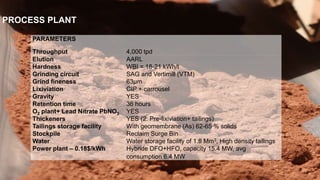 PARAMETERS
Throughput 4,000 tpd
Elution AARL
Hardness WBI = 18-21 kWh/t
Grinding circuit SAG and Vertimill (VTM)
Grind fineness 63µm
Lixiviation CIP + carrousel
Gravity YES
Retention time 36 hours
O2 plant+ Lead Nitrate PbNO3 YES
Thickeners YES (2: Pre-lixiviation+ tailings)
Tailings storage facility With geomembrane (As) 62-65 % solids
Stockpile Reclaim Surge Bin
Water Water storage facility of 1.8 Mm3, High density tailings
Power plant – 0.18$/kWh Hybride DFO+HFO, capacity 15.4 MW, avg
consumption 6.4 MW
PROCESS PLANT
19
 