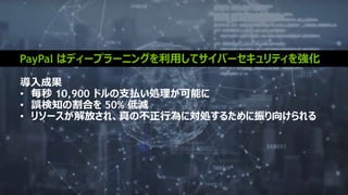 10
導入成果
• 毎秒 10,900 ドルの支払い処理が可能に
• 誤検知の割合を 50% 低減
• リソースが解放され、真の不正行為に対処するために振り向けられる
PayPal はディープラーニングを利用してサイバーセキュリティを強化
 