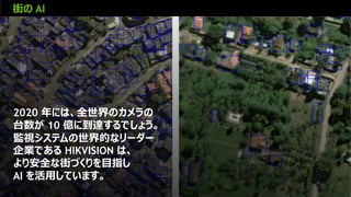 17
街の AI
2020 年には、全世界のカメラの
台数が 10 億に到達するでしょう。
監視システムの世界的なリーダー
企業である HIKVISION は、
より安全な街づくりを目指し
AI を活用しています。
 