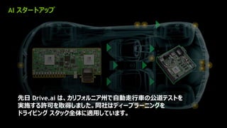 24
先日 Drive.ai は、カリフォルニア州で自動走行車の公道テストを
実施する許可を取得しました。同社はディープラーニングを
ドライビング スタック全体に適用しています。
AI スタートアップ
 