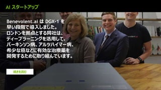 25
Benevolent.ai は DGX-1 を
早い段階で導入しました。
ロンドンを拠点とする同社は、
ディープラーニングを活用して、
パーキンソン病、アルツハイマー病、
希少な癌などに有効な治療薬を
開発するために取り組んでいます。
続きを読む
AI スタートアップ
 