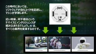 4
この時代においては、
ソフトウェアが自らコードを記述し、
マシンが学習します。
近い将来、何千億台という
デバイスにインテリジェンスが
組み込まれるでしょう。AI は、
すべての業界を変革するのです。
 