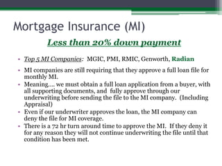 Mortgage Insurance (MI)Less than 20% down paymentTop 5 MI Companies:  MGIC, PMI, RMIC, Genworth, RadianMI companies are still requiring that they approve a full loan file for monthly MI.  Meaning…. we must obtain a full loan application from a buyer, with all supporting documents, and  fully approve through our underwriting before sending the file to the MI company.  (Including Appraisal)Even if our underwriter approves the loan, the MI company can deny the file for MI coverage.There is a 72 hr turn around time to approve the MI.  If they deny it for any reason they will not continue underwriting the file until that condition has been met.